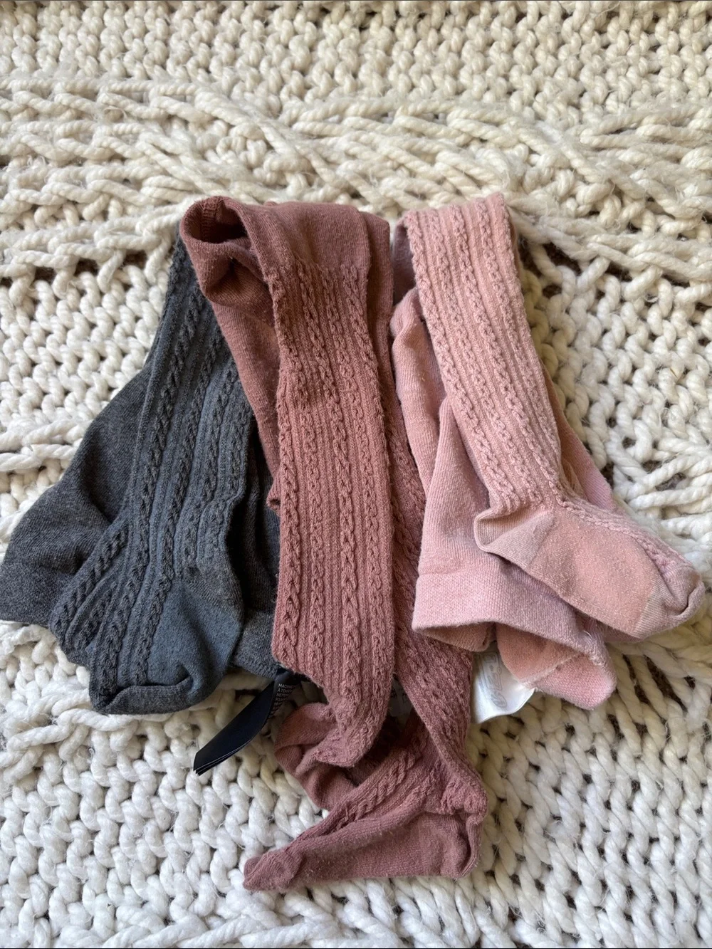 H&M Girls Knit Tights Trio in Charcoal, Mauve & Dusty Pink